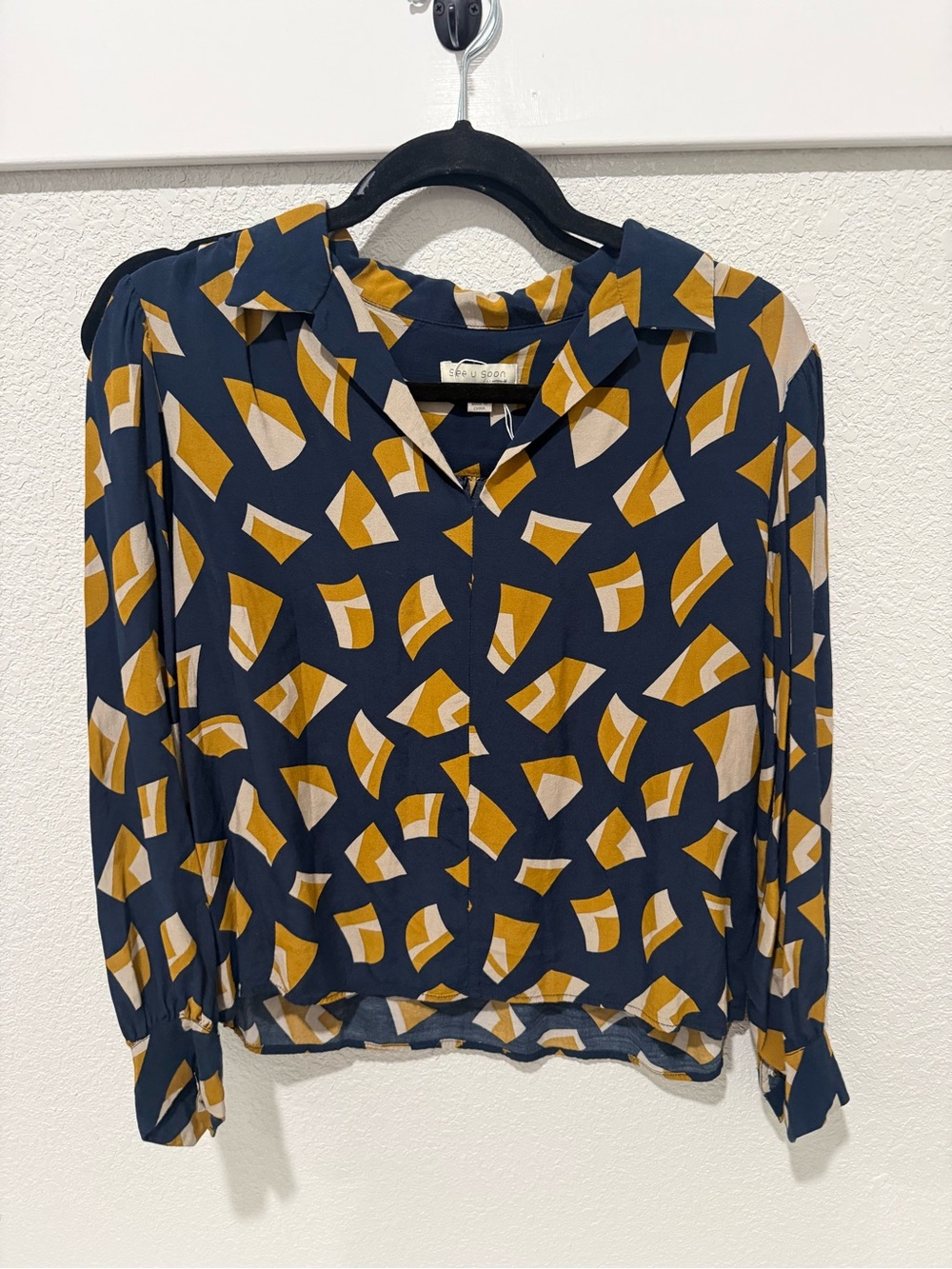 Geometric Print Button-Front Blouse - Navy & Mustard